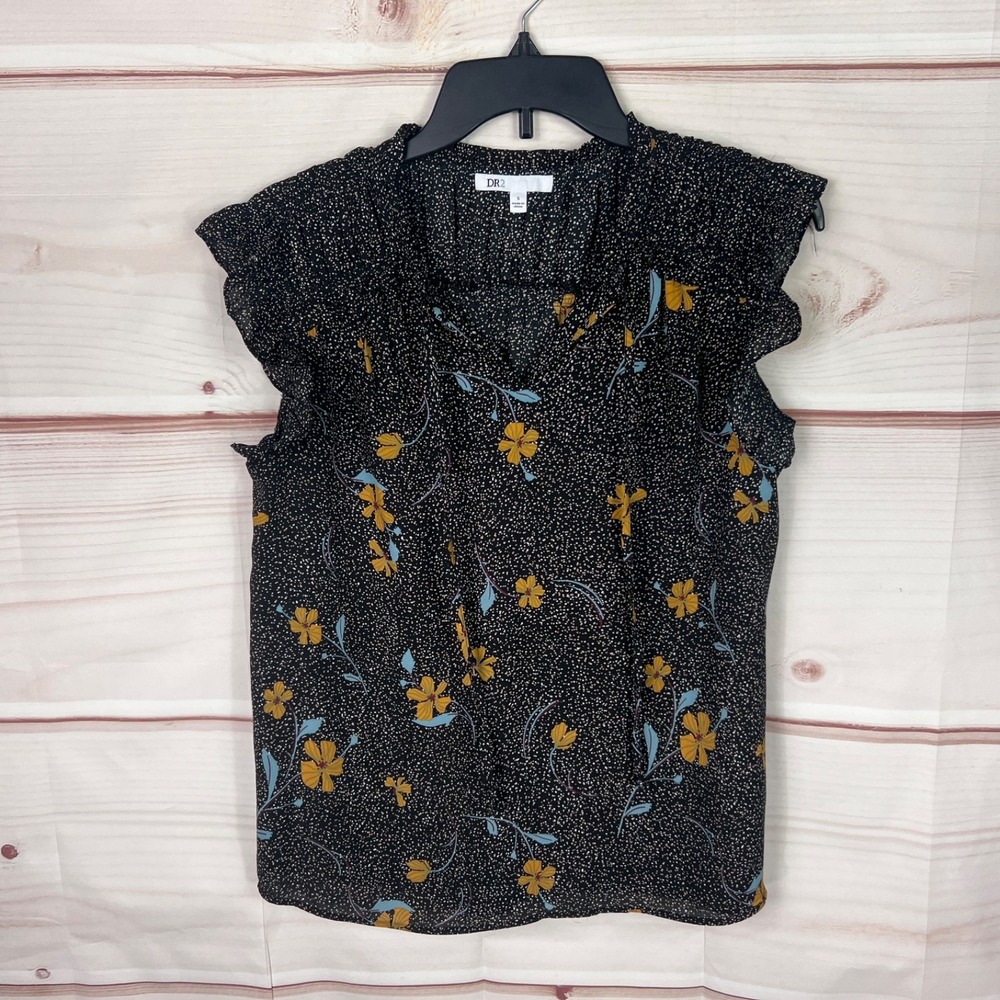 DR2 Top Womens S Black Floral Dot Print Blouse Flutter Sleeve Tie Neck Pullover